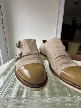 Women's Beige Canvas & Patent Cap-Toe Double Monk Flats